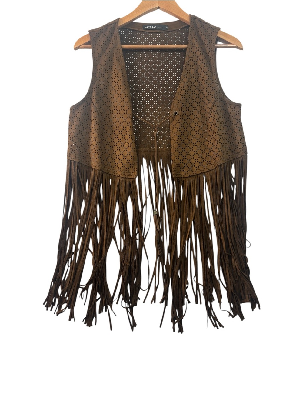 Origami Fringe Brown Vest Womens Size Small Western Wear Festival Boho Tie Vest